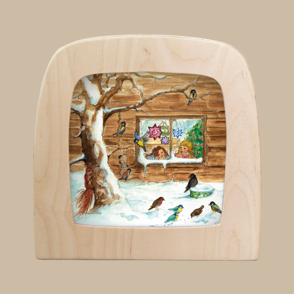 The "Silhouette Only - Bird Watching for Toverlux Lamp" features two children at a cabin window watching birds and a squirrel in a snowy yard, with a glowing tree inside—a charming translucent artwork for your home decor.