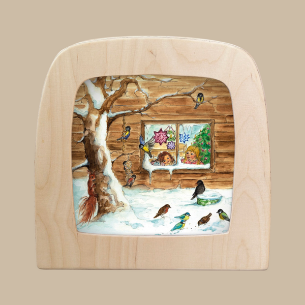 The "Silhouette Only - Bird Watching for Toverlux Lamp" features two children at a cabin window watching birds and a squirrel in a snowy yard, with a glowing tree inside—a charming translucent artwork for your home decor.