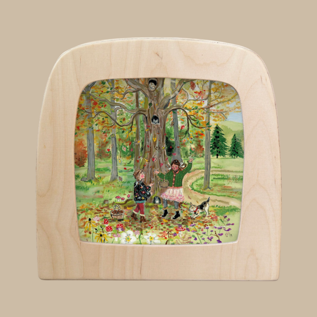 The Silhouette Only - Leaves Delight for Toverlux Lamp features two children and a dog picking apples beneath a tree in an autumn landscape, with baskets and colorful leaves—an enchanting choice for home decor.