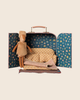 The PRE-ORDER: Maileg Reindeer in Suitcase, Little Sister (Estimated Arrival Early November) features a small reindeer doll with accessories inside a blue floral suitcase playset, creating a charming imaginative playscene.