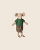 The PRE-ORDER: Maileg Grandma Mouse, arriving early November, is a fabric doll in a green knitted blouse, plaid skirt, brown shoes with magnetic hands, standing upright against a plain light beige background.