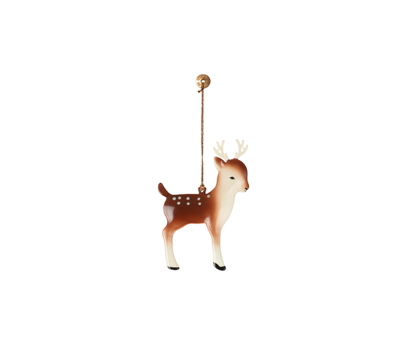 The Maileg Metal Ornament - Bambi Deer, Brown is a small, hand-painted brown and white deer with antlers that hangs from a string with a gold pin—ideal as a Christmas tree decoration.