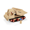 The Fagus Wooden Caterpillar Dumper boasts a movable bed and bright red wheels, accompanied by a blue and natural-colored wooden peg person. "Fagus" is printed on the side, highlighting its craftsmanship in wooden toys.