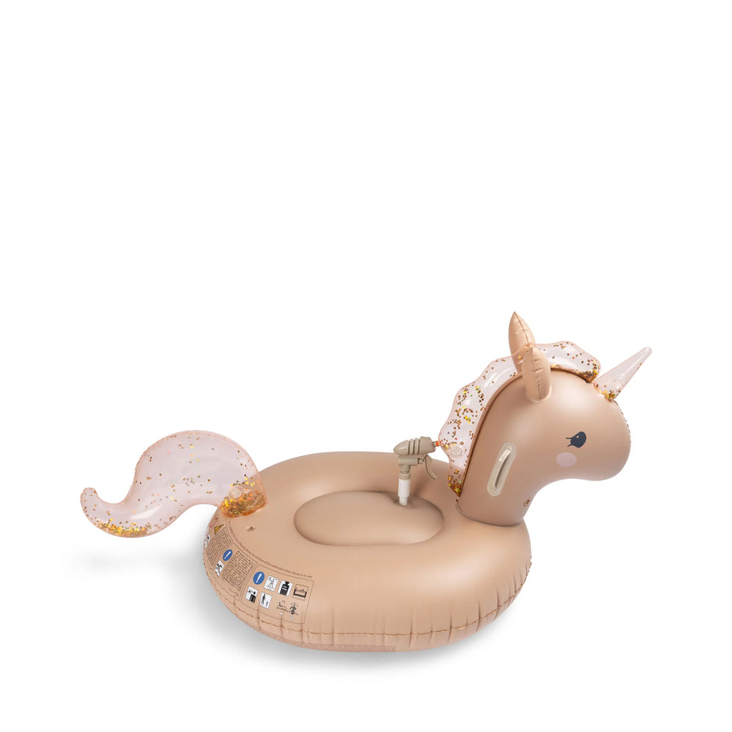 An Inflatable Water Splasher Float - Unicorn designed to look like a whimsical unicorn with a golden horn and pink-tinted wings, crafted from durable PVC material, isolated on a white background.