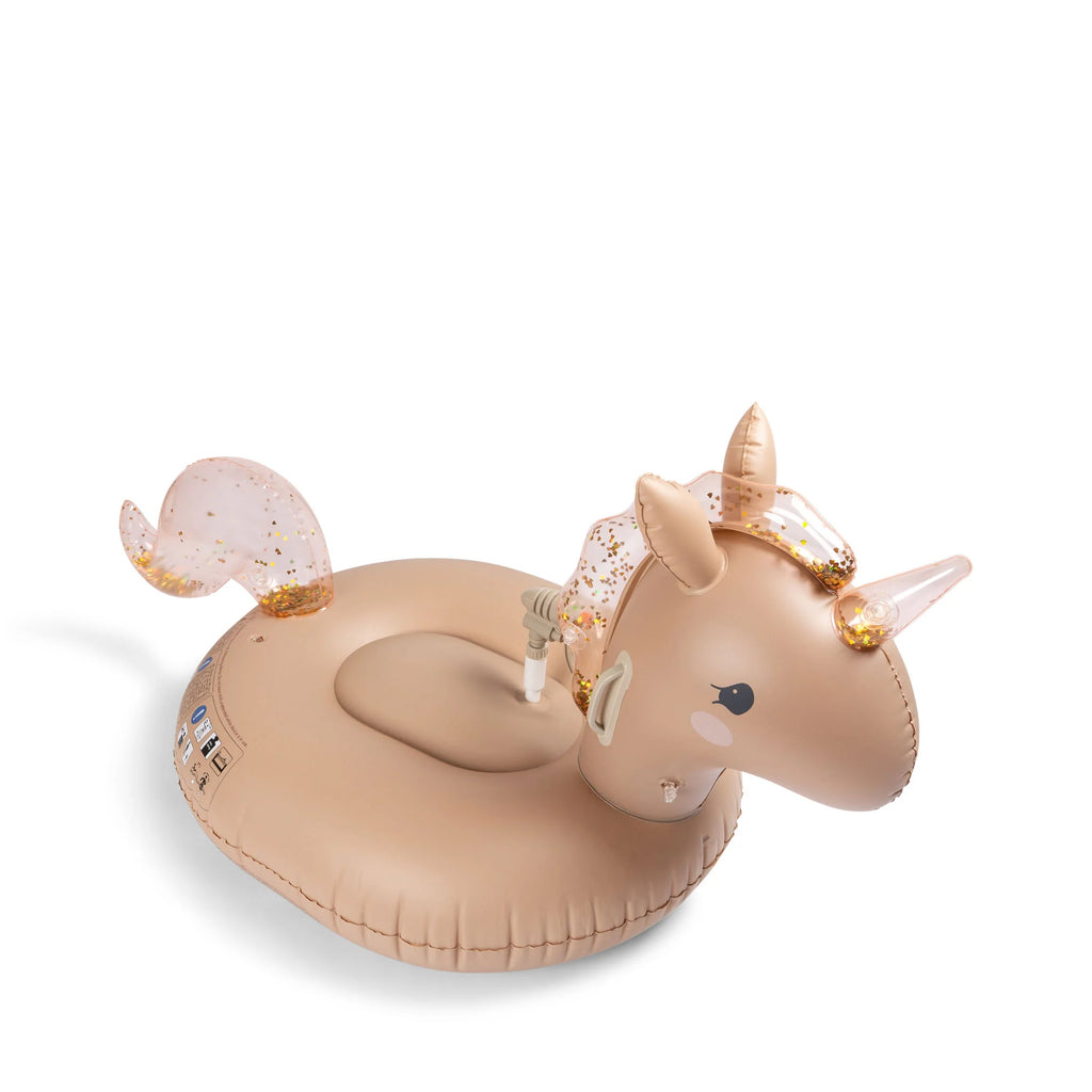 Inflatable Water Splasher Float - Unicorn made of durable PVC, with gold and pink accents, featuring a white horn and heart-shaped sunglasses, isolated on a white background.