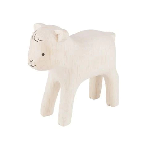 A simple wooden toy goat handcrafted from Albizia wood, featuring carved details for its face and legs, isolated on a white background.