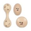 Four Konges Sløjd Wooden Music Sets - Cherry: two maracas and two castanets, each crafted from FSC-certified beech wood and decorated with a simple cherry design on a pale background.