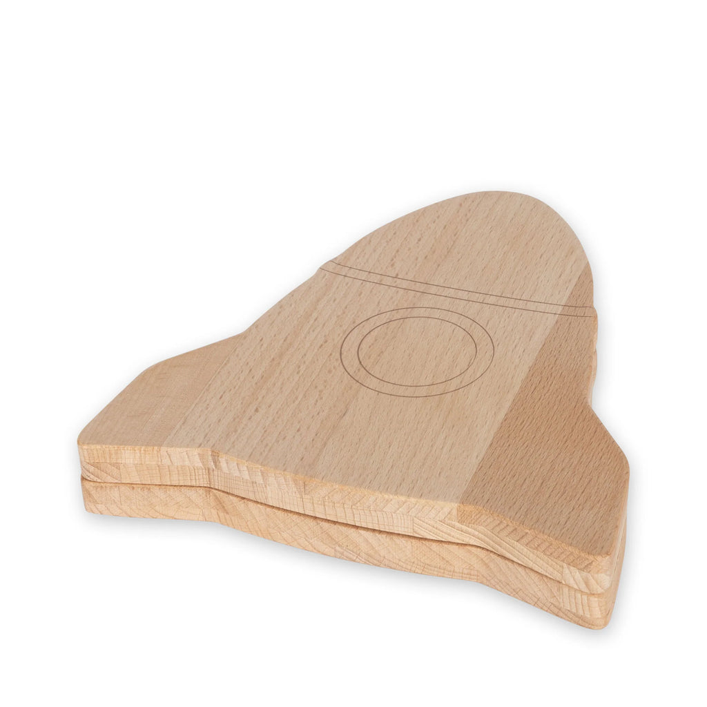 A wooden puzzle made of FSC-certified wood, with a smooth surface and visible wood grain, shaped like a piano top, on a white background.