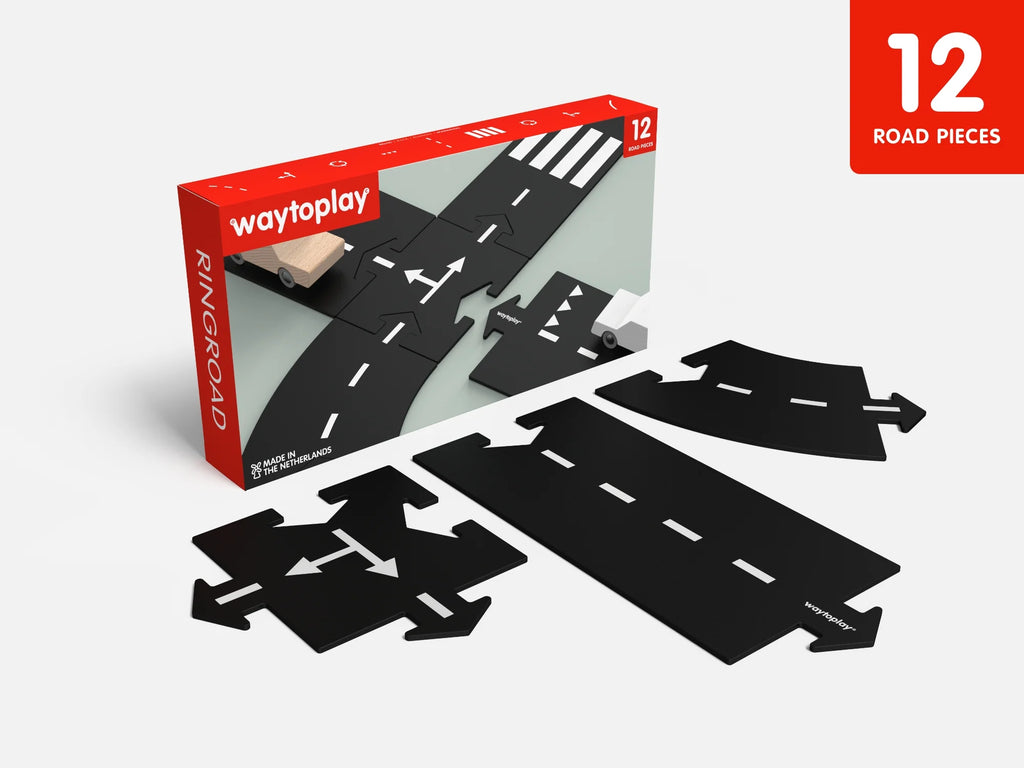 Introducing the WaytoPlay: Small Flexible Toy Road Set - Ringroad, a versatile play set that includes 12 black road pieces—curves, intersections, and straight sections—encircling a striking red and white box. Ideal for imaginative play, this set inspires children to design their own unique routes for limitless adventures.