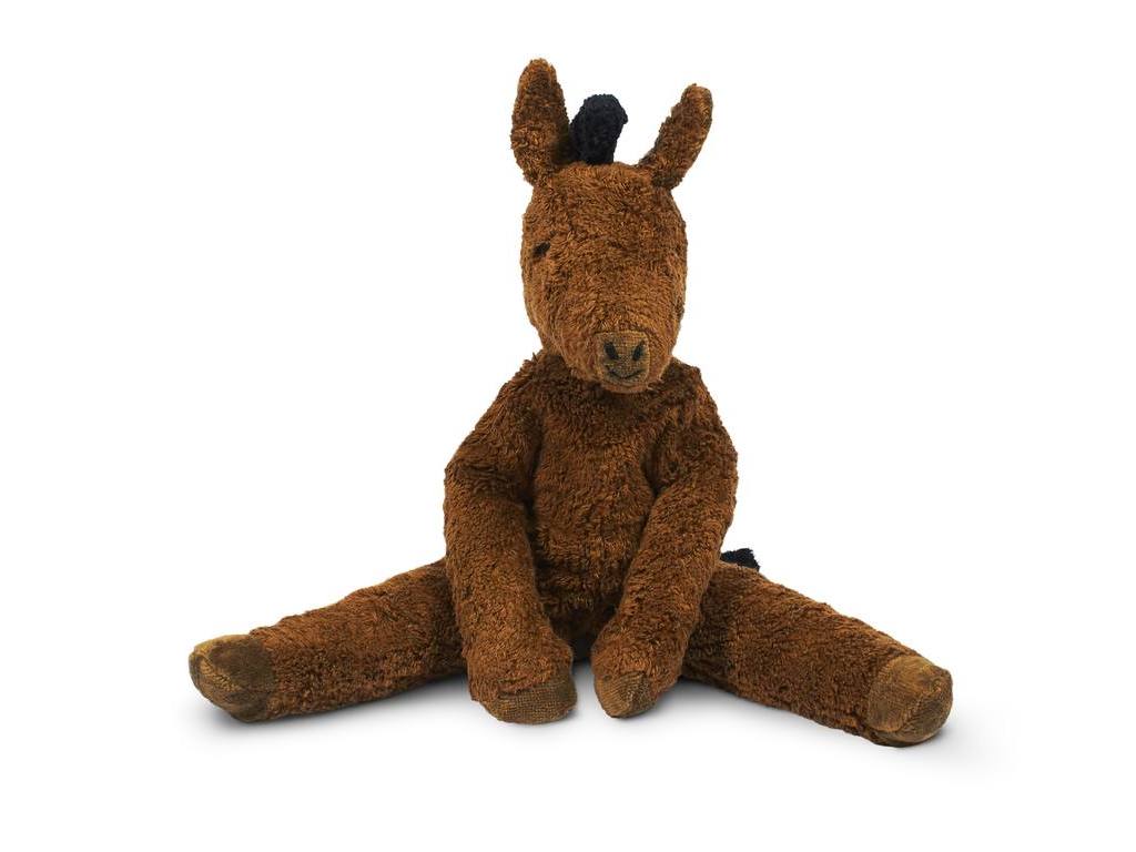 A Senger Naturwelt Stuffed Animal - Horse sitting on a white background, featuring a shaggy brown texture and a visible black mane and tail, resembling the quality of handmade toys.
