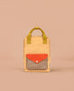 The Sticky Lemon Backpack Small - Envelope - Apple Juice is a small, rectangular yellow backpack with short handles, an orange front pocket flap, checkered pattern beneath the flap, made from recycled PET bags and shown on a plain beige background.