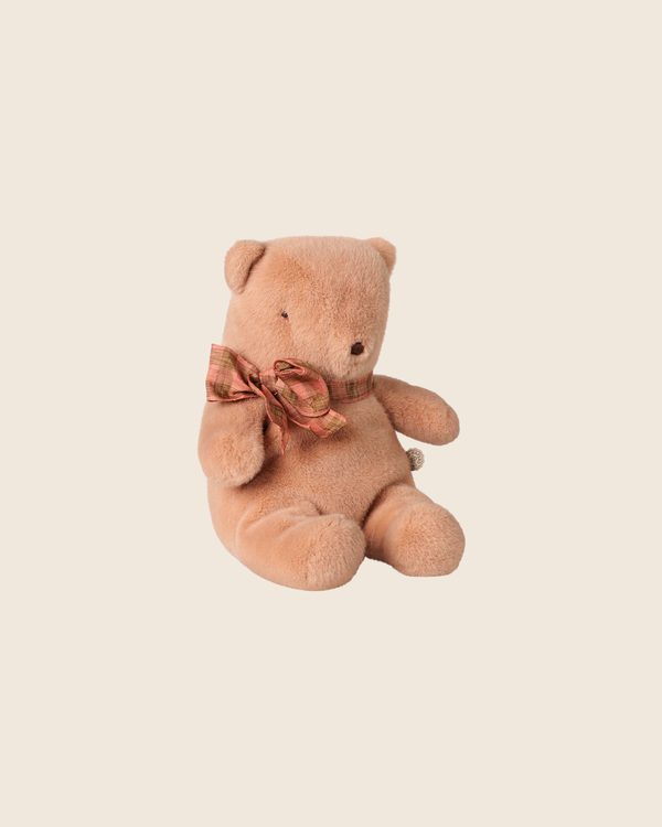 The PRE-ORDER: Maileg Teddy Bear Plush, Small - Vintage Rose (Estimated Arrival Early October) features a soft, huggable teddy bear sitting upright with a plaid ribbon bow against a plain light beige background.
