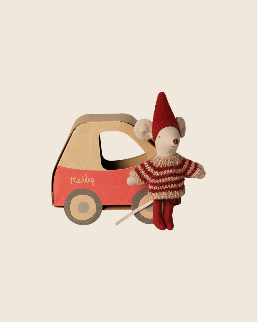 PRE-ORDER: Maileg Christmas Mouse, Little Sister in Car Box (arriving early November). This adorable mouse in a red hat and striped sweater comes with a festive car box—perfect as imaginative packaging for a charming holiday gift.