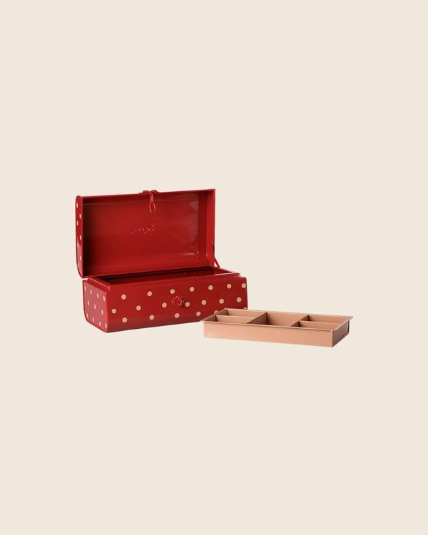 A PRE-ORDER Maileg Storage Suitcase, Small - Red with Tray, is displayed open to reveal its interior. The beige removable compartment tray sits beside it on a beige background. Estimated arrival: Early November.