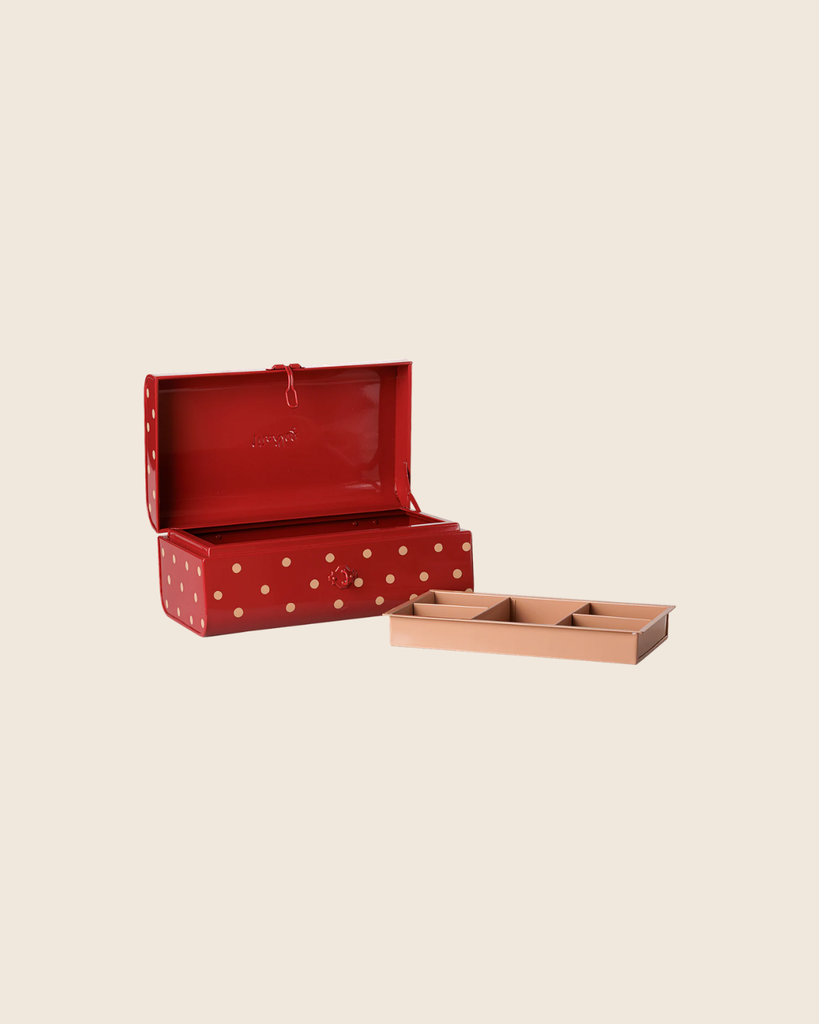 A PRE-ORDER Maileg Storage Suitcase, Small - Red with Tray, is displayed open to reveal its interior. The beige removable compartment tray sits beside it on a beige background. Estimated arrival: Early November.