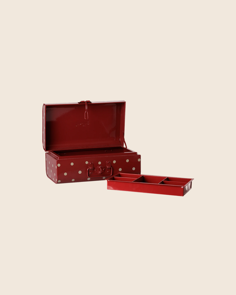 The PRE-ORDER: Maileg Storage Suitcase, Small - Dark Red with Tray (Estimated Arrival Early November) is shown open with its removable tray in front, featuring a polka dot design from the Maileg interior collection.