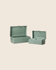 The PRE-ORDER: Maileg Storage Suitcase Set - Dark Mint with Tray (Estimated Arrival Early November) features two open metal storage boxes with hinged lids and organized compartments, shown on a light beige background.