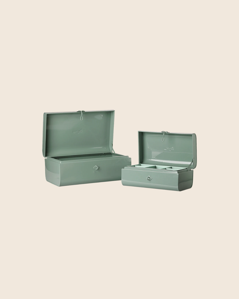 The PRE-ORDER: Maileg Storage Suitcase Set - Dark Mint with Tray (Estimated Arrival Early November) features two open metal storage boxes with hinged lids and organized compartments, shown on a light beige background.