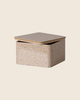 The PRE-ORDER: Maileg Metal Box - Branches features a square, light-colored metal design with a delicate gold and light blue floral pattern on the lid, partially open, set against a plain beige background.