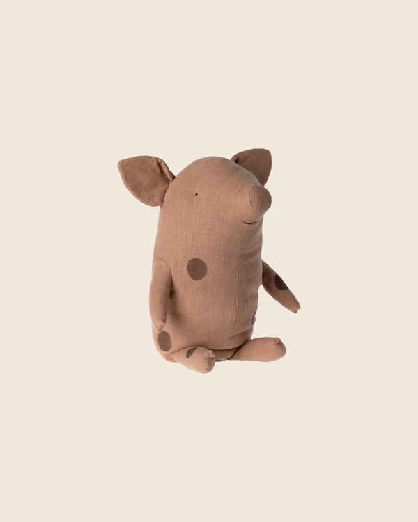 The PRE-ORDER Maileg Truffle pig, Big - Vintage rose, is a soft plush pig with dark brown spots, large ears, and a round body, sitting upright against a light beige background. Estimated arrival: early September.