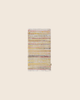 PRE-ORDER: Maileg Rug, Miniature, Large - Multi Stripe features a small rectangular design with multicolored horizontal stripes and fringed edges, shown on a plain beige background. Estimated arrival: mid September.