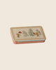 PRE-ORDER: Maileg Metal Box with Sliding Lid - Christmas Mice. Features a decorative lid with illustrated animals, trees, and a mushroom. Limited Edition with patterned edge and beige background—perfect for gifts or keepsakes. Arrives early October.