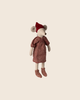 The PRE-ORDER: Maileg Christmas Mouse, Maxi - Girl wears a Christmas hat, long red dress with gathered neckline, and patterned red socks, pictured against a plain beige background. Estimated arrival early September.