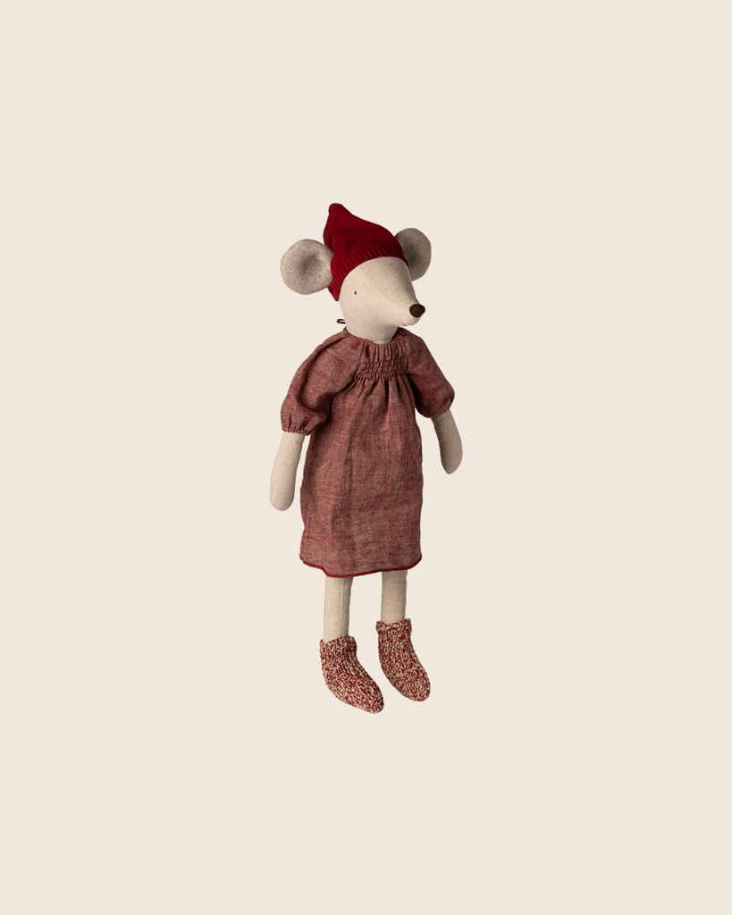 The PRE-ORDER: Maileg Christmas Mouse, Maxi - Girl wears a Christmas hat, long red dress with gathered neckline, and patterned red socks, pictured against a plain beige background. Estimated arrival early September.
