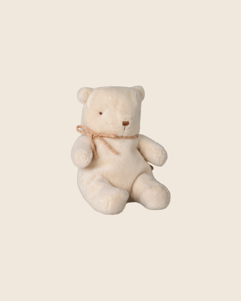 The PRE-ORDER: Maileg Teddy Bear Plush, Small - Off White (arriving early October), features a soft, huggable design with a simple stitched face and beige ribbon—an adorable stuffed animal perfect for cuddles.
