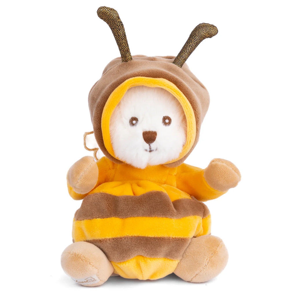 Bukowski - Ziggy Bee is a plush toy bear dressed in a yellow and brown bee costume with antennae, sitting upright on a white surface.