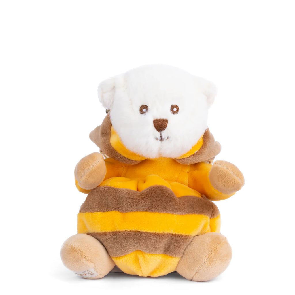 The Bukowski - Ziggy Bee is a plush teddy bear dressed in a yellow and brown striped bee costume, sitting upright on a white background.