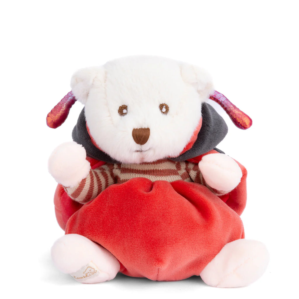 The Bukowski - Ziggy Ladybug is a plush bear with white fur, dressed in a red and black ladybug hooded outfit and striped brown sweater, sitting upright against a white background.