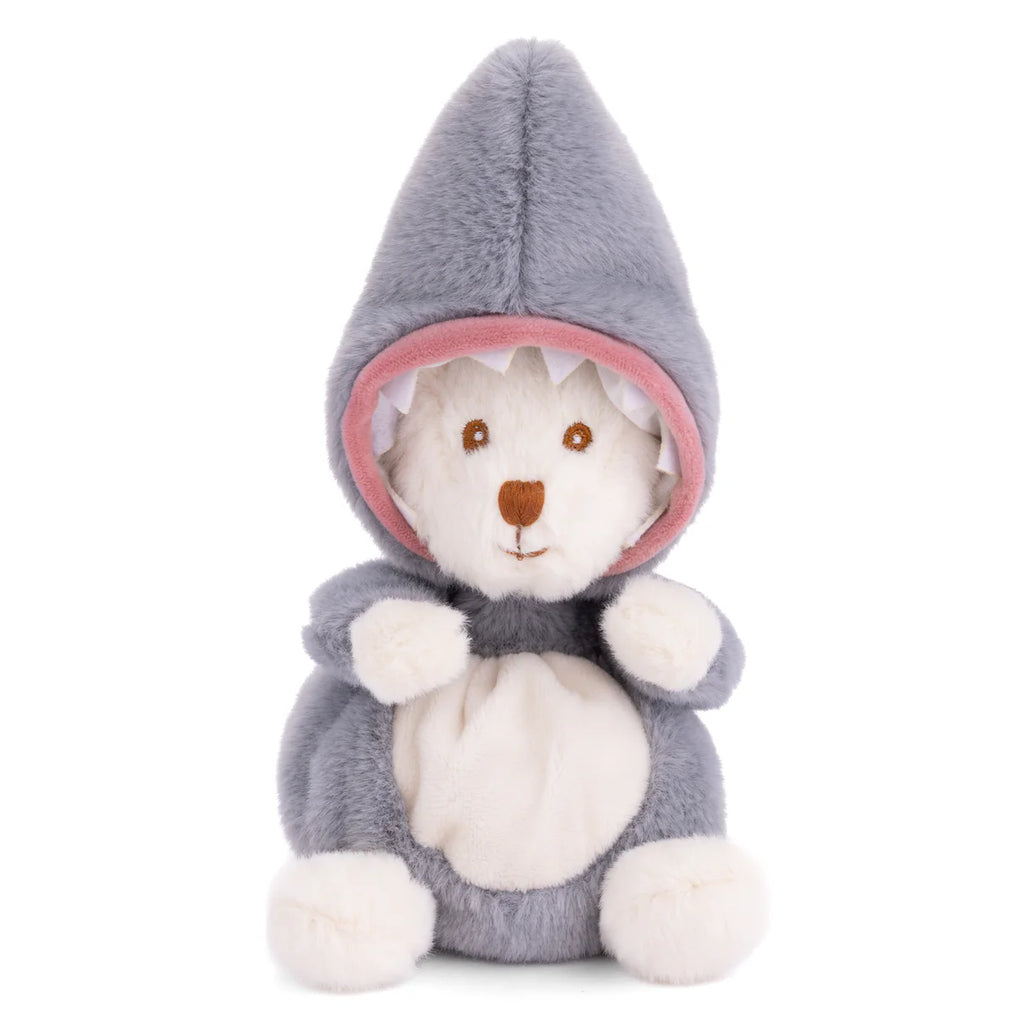 Bukowski - Ziggy Shark is a white plush teddy bear in a soft gray shark costume with a pink-lined hood and white shark teeth around its face. This cute collectible sits upright, making it the perfect stuffed animal for any collection.