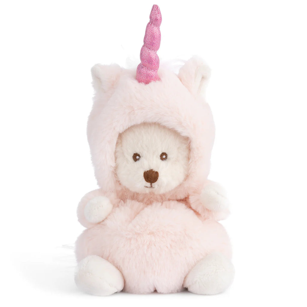 Meet Bukowski - Ziggy Unicorn, a plush toy bear in a soft, pale pink unicorn costume with a shiny pink horn and small white ears, showcased against a plain white background.