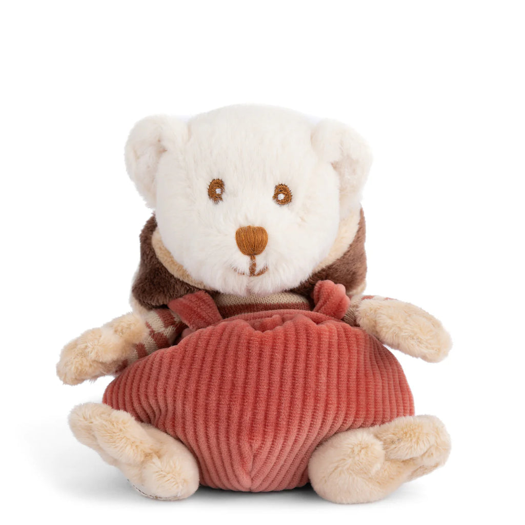 A cuddly stuffed animal, the Bukowski - Ziggy Winston Monkey features soft white and beige fur, a brown vest, red corduroy overalls, and sits facing forward against a plain white background.