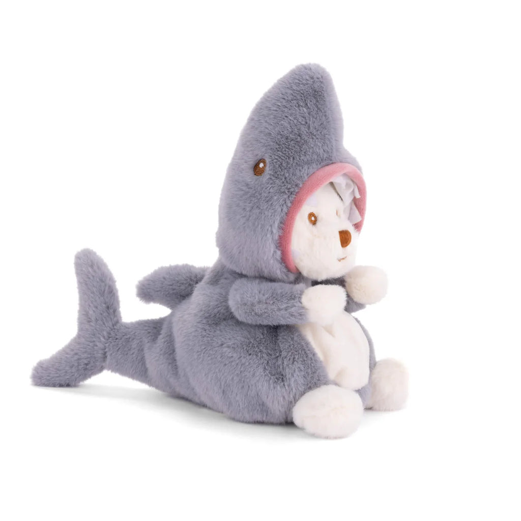 Bukowski - Ziggy Shark is a cute plush featuring a small white bear in a soft gray shark costume with fin and tail, sitting upright on a white background—a perfect collectible stuffed animal for any collection.