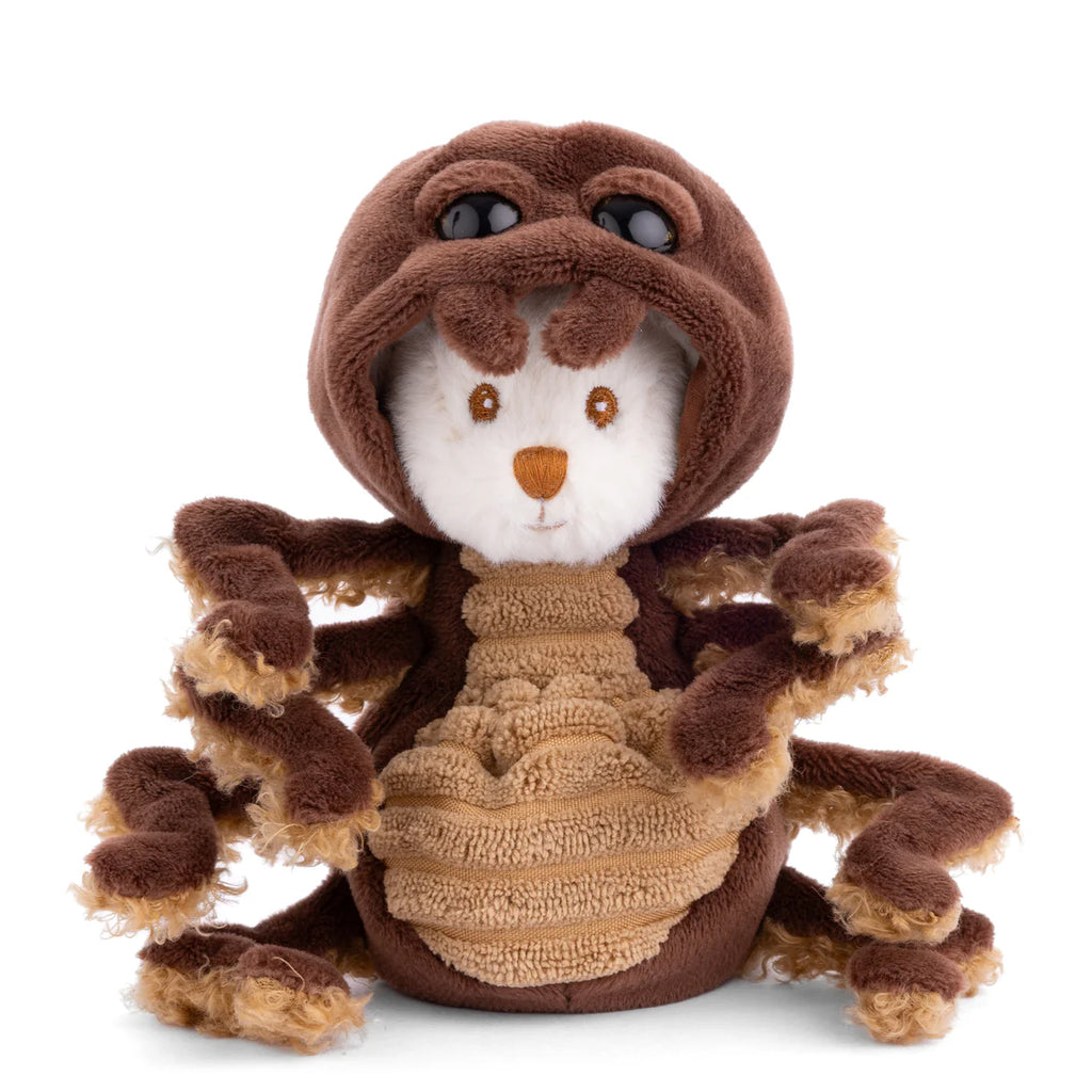 Bukowski - Ziggy Spider is a plush white teddy bear dressed in a brown and tan spider hoodie with eight fuzzy legs and big black eyes—perfect for imaginative stuffed animal adventures.
