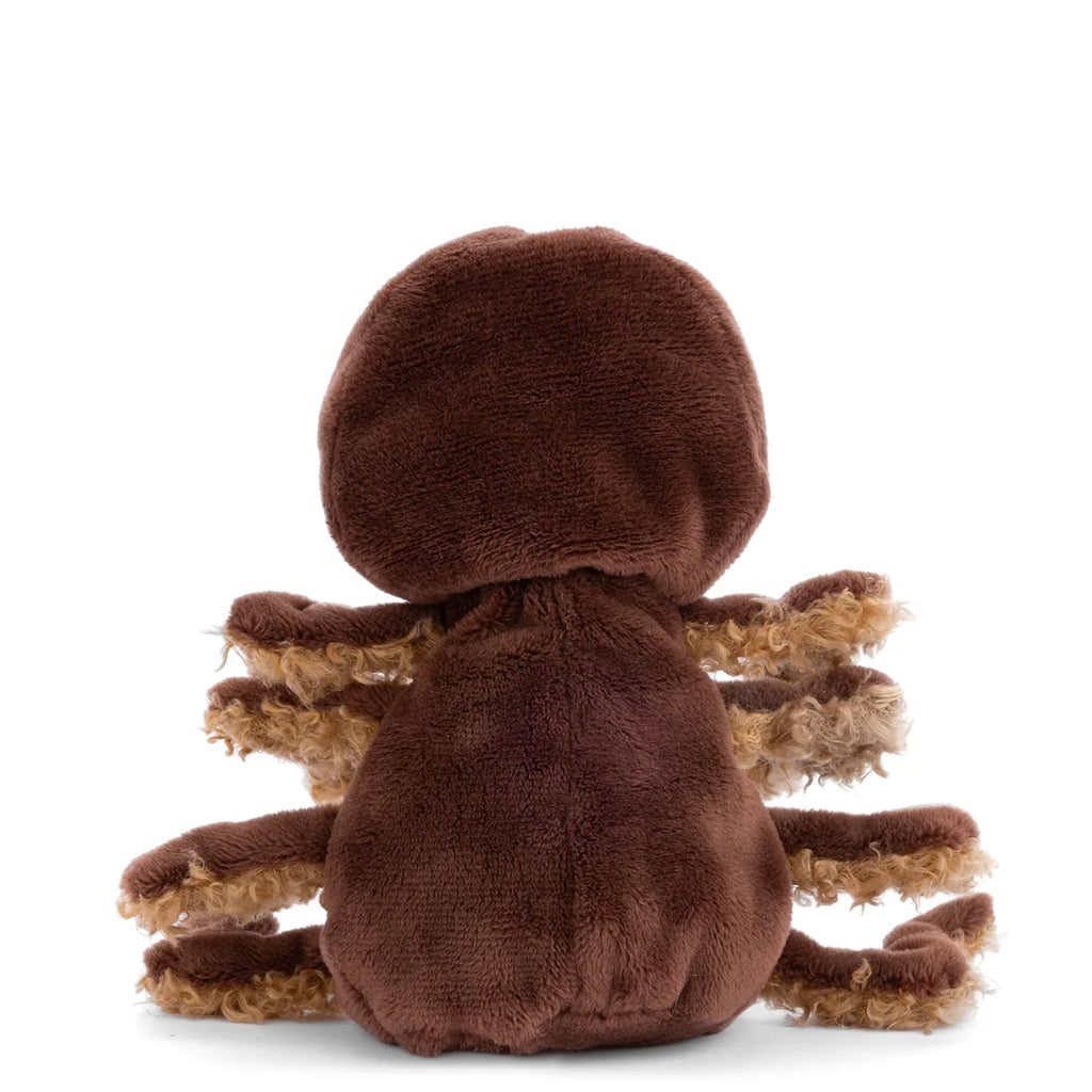 The Bukowski - Ziggy Spider plush features a large, round brown body and curly, textured legs, shown from the back on a white background—ideal for imaginative play and stuffed animal adventures.