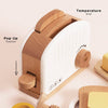 The Pop-up Toaster & Breakfast Set (ships in one week) features FSC-certified wood, a pop-up lever, temperature dial, and includes toy butter and toast in a white and wood-toned design—ideal for pretend play.