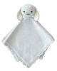 The Cuddle + Kind Organic Cotton Baby Bunny Lovey (Baby Blue) is a soft, hand-knit baby blanket with a plush bunny head featuring floppy ears, a ruffled edge, black eyes, a stitched smile, and a pink nose.