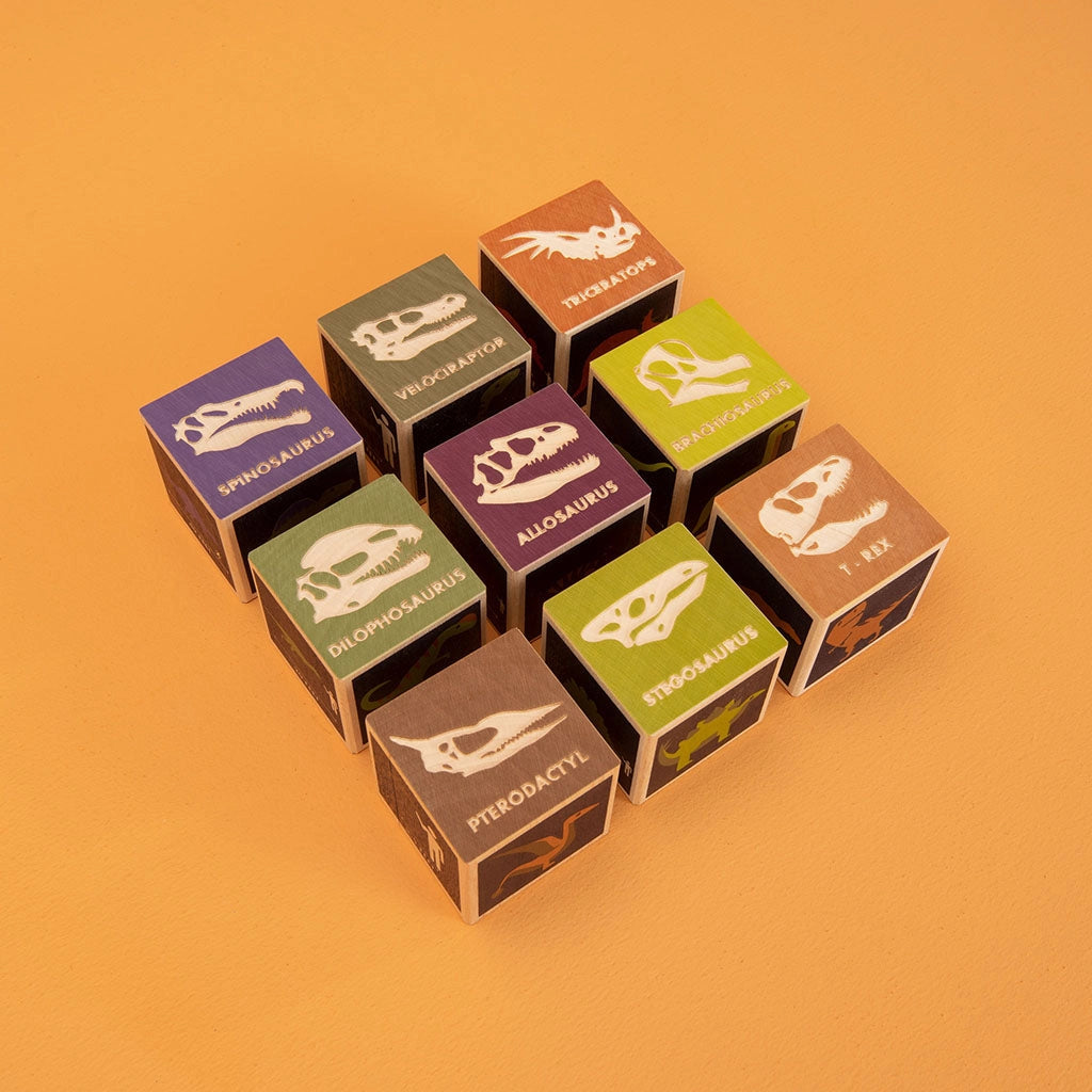 A set of Uncle Goose Dinosaur Blocks, arranged in a pyramid shape on an orange background, each block displaying a different dinosaur name and silhouette.