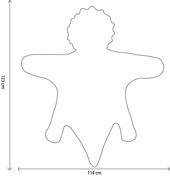 Outline of an irregular, abstract shape resembling the "Costume - Triceratops Dino" blanket, with two wide arms, a pointed lower end, and a wavy upper edge; measures 123 cm tall by 114 cm wide.