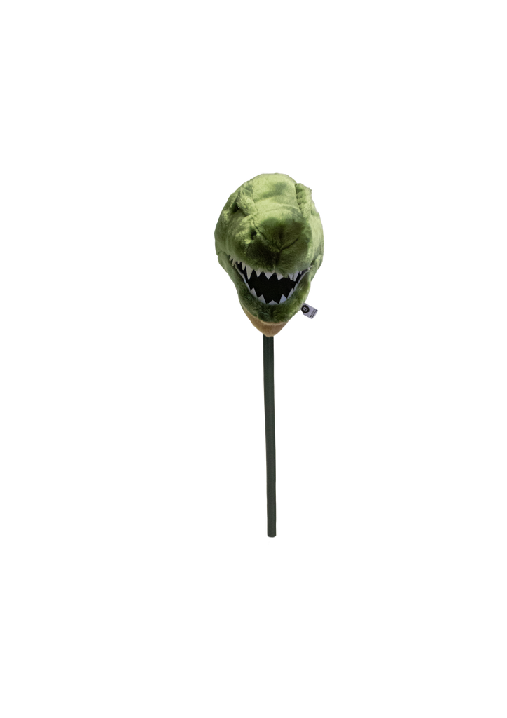 The Hobbyhorse - T-Rex Dino is a green plush dinosaur head on a stick, resembling a toy hobby horse, perfect for imaginative play and bringing dinosaur fun to life.