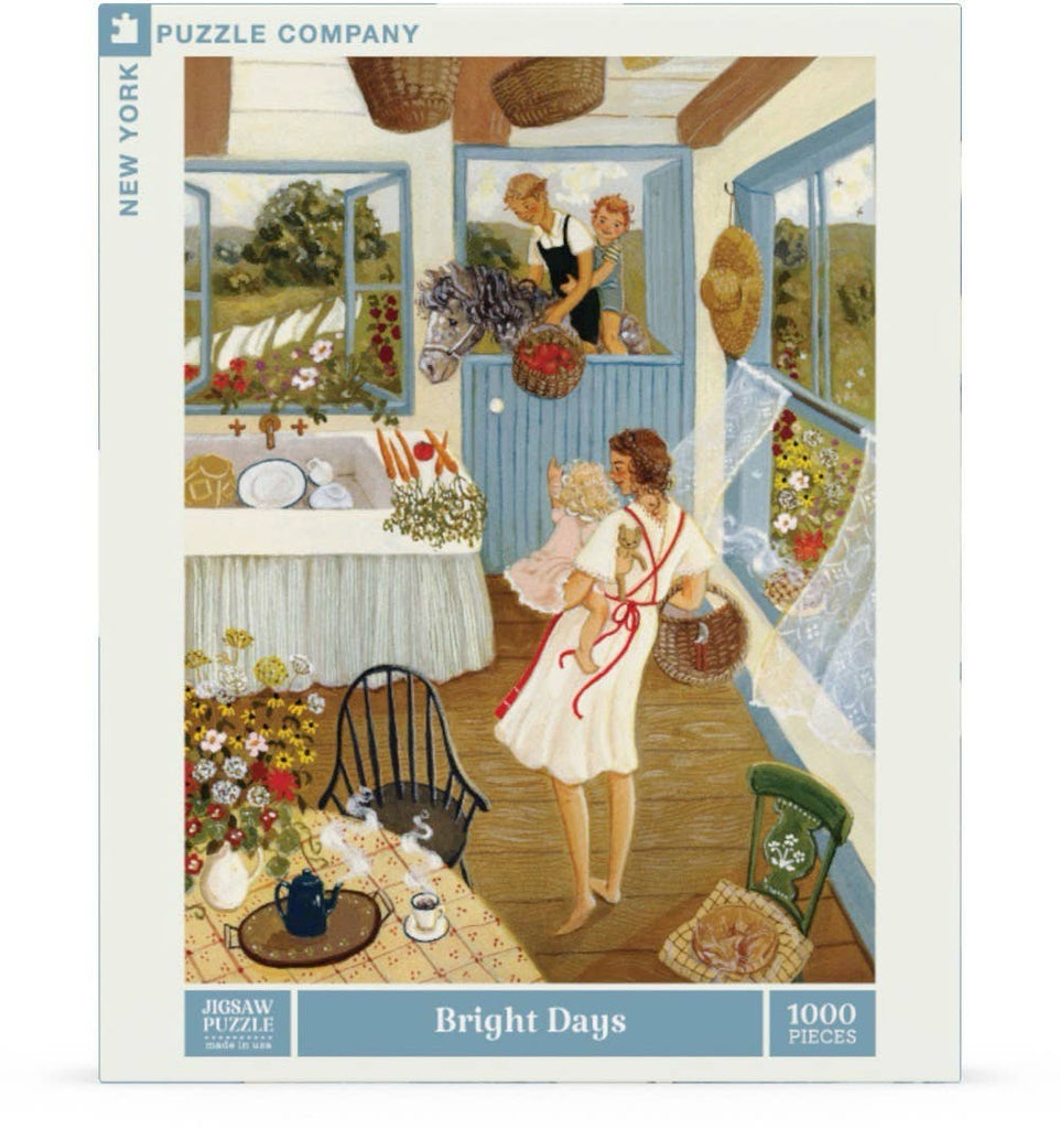 The Bright Days - 1000 Piece Jigsaw Puzzle features a sunlit cottage kitchen with women, a child, flowers, baskets, and a cat for a cheerful scene.