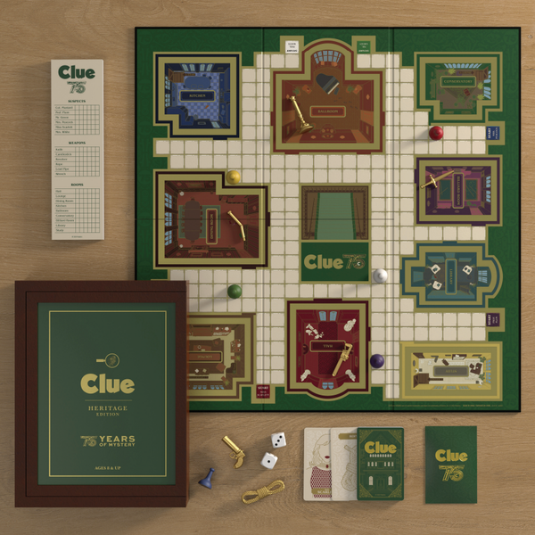 Flat lay of Board Game: Clue Heritage Edition, a classic game featuring board, box, cards, character pieces, weapons, dice, clue sheet, and special 75th Anniversary branding on both the box and game board.