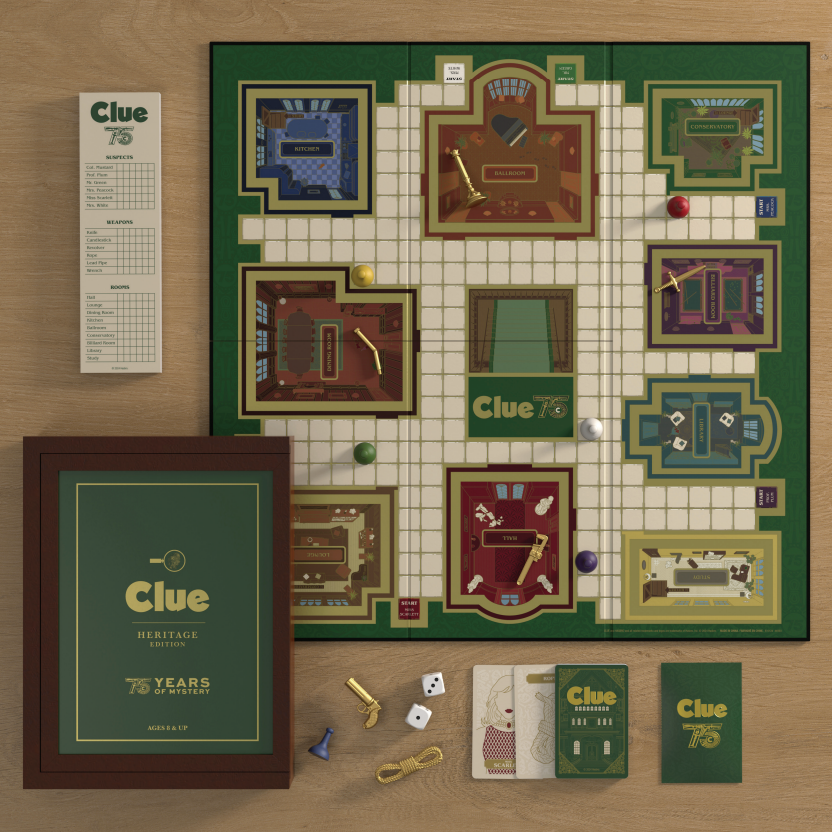 Flat lay of Board Game: Clue Heritage Edition, a classic game featuring board, box, cards, character pieces, weapons, dice, clue sheet, and special 75th Anniversary branding on both the box and game board.