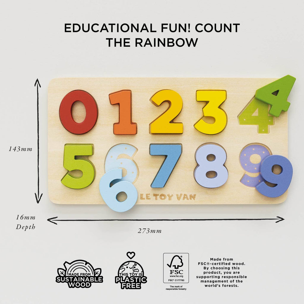 The Counting Wooden Numbers Shape Sorter is a colorful wooden puzzle with numbers 0–9, each fitting into its own slot. Measuring 273mm x 143mm x 16mm, the board features sustainability and FSC logos at the bottom—ideal for early learning.