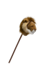 The Pretend Play Ride-On Lion is a brown stick toy featuring a plush lion’s head, resembling a hobby horse and ideal for imaginative play, shown against a plain white background.