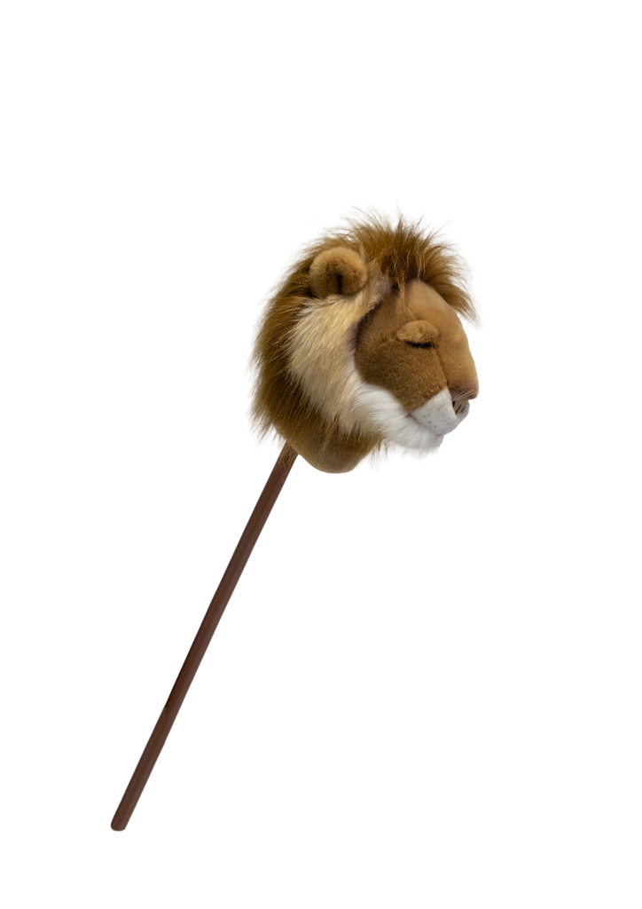 The Pretend Play Ride-On Lion is a brown stick toy featuring a plush lion’s head, resembling a hobby horse and ideal for imaginative play, shown against a plain white background.