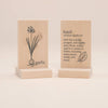 Uncle Goose Chips - Herbs features two wooden blocks made from sustainable basswood, each adorned with illustrations and text. One block highlights a garlic illustration accompanied by the word "garlic," while the other displays a basil leaf with the label "basil, ocimum basilicum" and includes information about its garden flavors and uses.